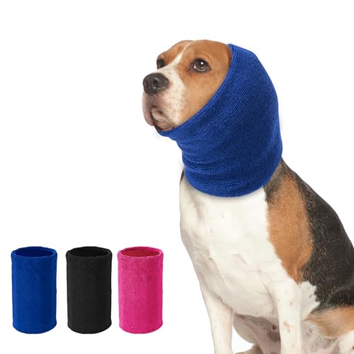 Dog Ear Muffs Noise Protection, Dog Calming Hoodie Cat Anxiety Relief Ear Wrap, Double Layer Thickened Soft Elastic Neck Head Cover Noise Cancelling for Grooming,Force Drying,Fireworks (Blue, Small)