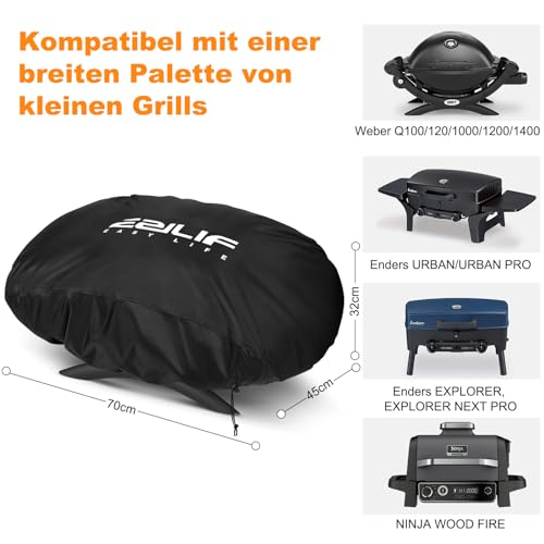 Ezilif Grillabdeckung für Weber Q100/Q1000/Q120/Q1200/Q1400, Grill Abdeckung 600D Oxford Gewebe Tisch Gasgrill Abdeckung Wetterfest für Enders URBAN, Explorer, Grillhaube Elektrogrill 70x45x32cm