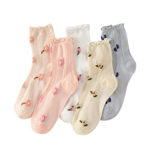 Cute Kawaii Multi Colored Floral Mesh Non-Binding Socks For Women, Size 5-8, Pack of 5