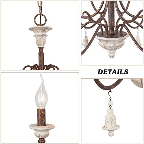 Log Barn Farmhouse Chandelier For Dining Room, 6-Light French Country Lighting With Wood Bell, Rust Metal Arms, 26.5” Dia #TOP5