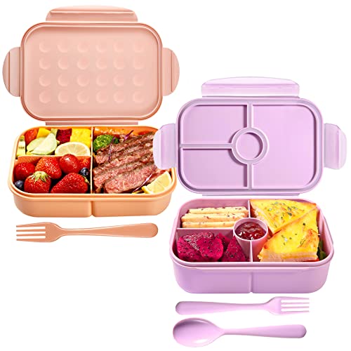 Bento Box,Jeopace Bento Box Adult Lunch Box,Kids Bento Box with 3&4Compartments,Lunch Containers Microwave Safe(Flatware Included,LightPurple+Orange)