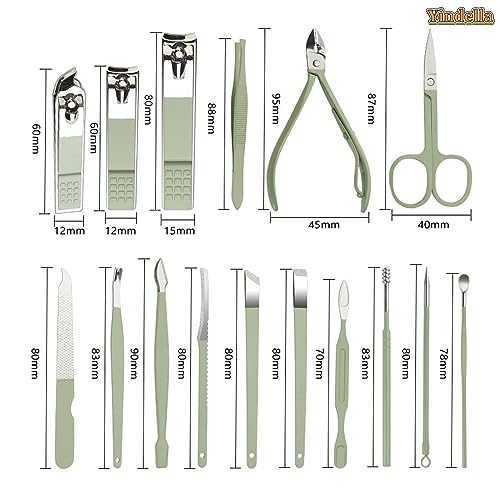 Yindella 16 pcs Stainless Steel Nail Care Tools Pink Manicure Set Professional Nail Clippers Pedicure Kit 1 Grooming Kit with Luxurious Travel Leather Case for Men Women (Green) - Image 6