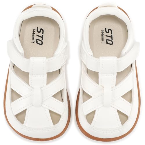STQ Toddler Girls Sandals Wide Toe Box Summer Barefoot Mary Jane Shoes Comfortable Dress Flats for Flower Girl Wedding Party Church White Toddler Size 7