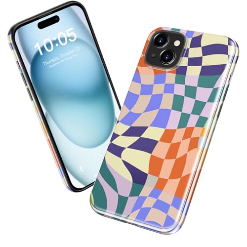 Goodon for iPhone 14 Plus Case - Wireless Charging - Dual-Layer Hard Shell & Silicone Cover - Protective Phone Case with Cute Wildflower Designs for Women - Colorful Checker Mosaic - image 2
