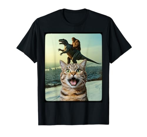 Funny Cat Selfie with Bigfoot Riding Trex Dinosaur Alien UFO T-Shirt