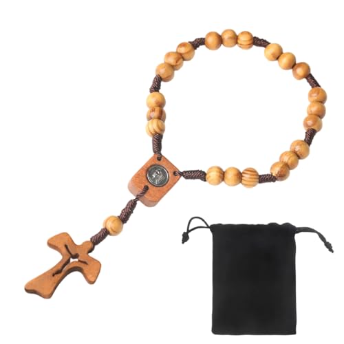 NOPKESV Collar de Rosario con Cruz Católica, Cuentas de Oración de Madera Natural, Medalla Cruz Jesucristo, virgen, para Cristianos Católicos, Comunión Religiosa, Bautismo, Misa, Biblia