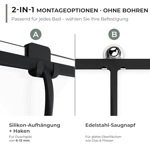 GÜTEWERK Duschabzieher Set mit Halter - schwarz 23 cm breit - ohne Bohren Silikon Abzieher Dusche Badezimmer Fenster Fensterabzieher Edelstahl Kern Scheibenabzieher mit Saugnapf Halterung Badabzieher