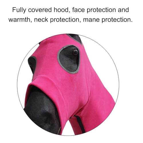 Image of SagaSave Full Face Horse Head Hood Comfortable Horse Covering Blanket All-Covered Soft Fleece Horse Cover with Zipper Warming Hood for Horse Head and Neck Protection (Pink-XL)