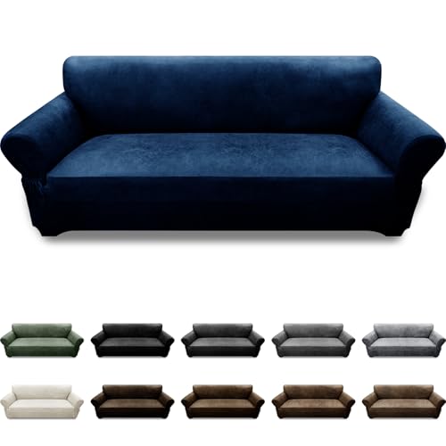Pfrstuv Couch Cover Leather Look 3 Seater Couch Sofa Cover 1-Piece Sofa Slipcover Stretch Furniture Protector with Elastic Bottom & Pockets(Sofa, Navy)