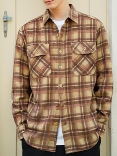 Men's Plaid Shirts Long Sleeve Button Down Washed Corduroy Shirts Casual Vintage Lightweight Shirt Jacket(Brown,L)2