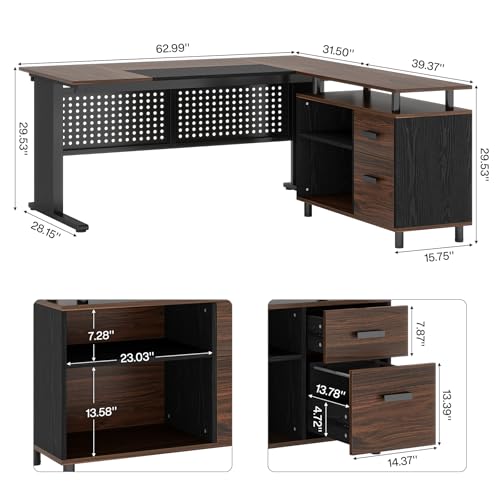 Image of Tribesigns 63 Inch Executive Desk with File Cabinet, Large Office Desk L Shaped Computer Desk with Drawers and Storage Shelves, Business Furniture Desk for Home Office, Dark Walnut and Black