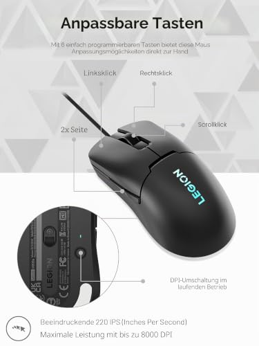 Lenovo Legion M300s RGB Gaming-Maus, bis zu 8000 DPI, 6 programmierbare Tasten, RGB 16,8 Millionen Farben – Ansicht 5