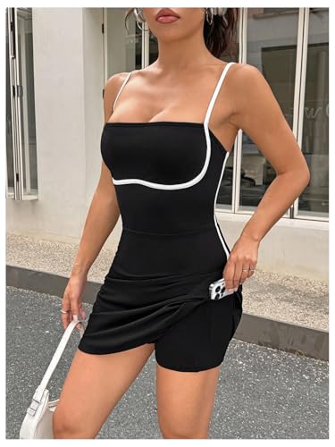Milumia Women's Square Neck Contrast Binding Mini Dress Spaghetti Strap Tennis Dresses with Shorts3