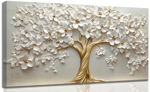 Large Tree of Life Canvas Wall Art,Gold Flower Painting Picture Wall Decor,Elegant Trees Poster Print Artwork for Living Room Bedroom Office Home Decoration