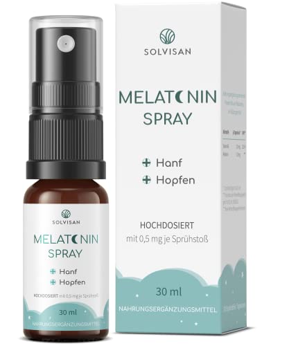 SOLVISAN Melatonin Einschlafspray mit 0,5 mg Melatonin ergänzt um hochwertiges Hanfsamenöl, Hopfen und Vitamin B6 Cover