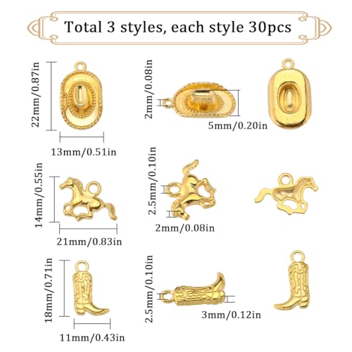 SUNNYCLUE 1 Box 90Pcs Western Cowboy Charms Tibetan Style 3D Miniature Cowboy Cowgirl Hat Charm Golden Horse Charm Double Sided Boot Shoe Charms for jewellery Making Charms DIY Keychain Craft Supplies - Image 2