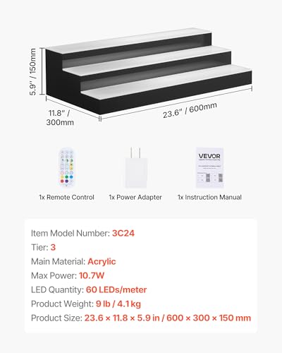 Image of VEVOR LED Lighted Liquor Bottle Display, 3 Tiers 24 inches, Supports USB, Acrylic Illuminated Home Bar Shelf Display with RF Remote & App Control, 9 Static Colors, Timing Mode, for 18-24 Bottles