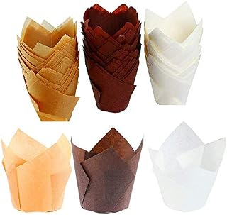 YoMaris 150 Pieces Tulip Baking Paper Cups, Cupcake Muffin Liners Wrappers, Baking Cups Muffin Tins Treat Cups for Weddings, Birthdays, Baby Showers,- 2.5inch (Brown, Natural and White)