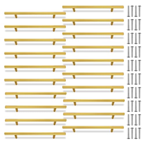 AHAQU 20PCS Gold Cabinet Handles 200mm (128mm Hole Center) Stainless Steel Kitchen Cupboard Handles T Bar Wardrobe Handles Drawer Pulls for Furniture