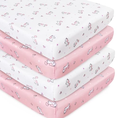 Image of Crib Sheets Girl 4-Pack, Fitted Crib Sheets 52'' x 28'' for Standard Crib & Toddler Mattress, Soft and Breathable Material, Baby Girl Crib Sheets Neutral, Pink
