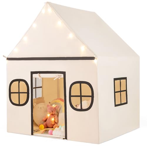 Maxmass Kids Play Tent, Large Children Play House with Star Lights, Non-slip Mat, Side Storage Pocket, Windows, Indoor Outdoor Toddler Playhouse Castle Fairy Tents for 3+ Years Old (Beige+Grey)