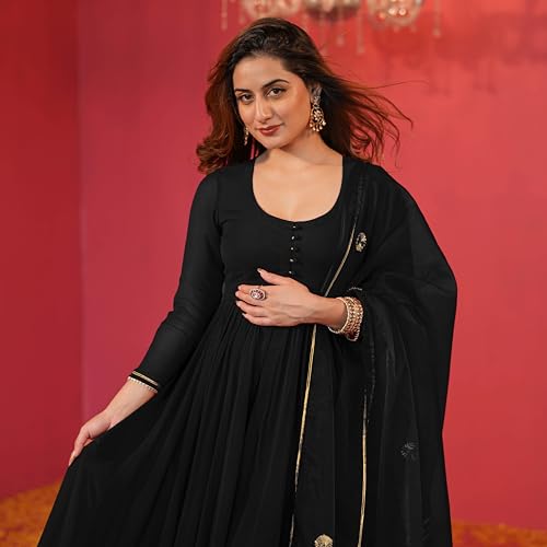 Image of GoSriKi Women's Rayon Viscose Anarkali Solid Kurta with Pant & Dupatta | Soft Comfortable Fabric | Elegant Flared Ethnic Wear Set for Festive Casual Office Daily Use