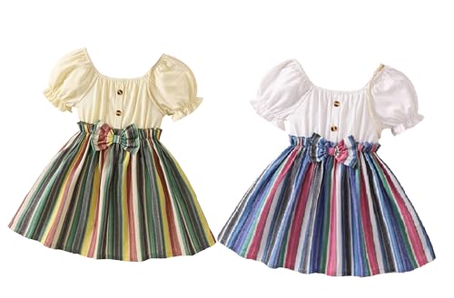 Image of TAGAS Toddler Girls Striped Print Puff Sleeve Bow Front Dress || Stripe Pattern Dress for Kids || A Line Dress || Puff Sleeve Dress for Kids || Casual Dress (KD-202)