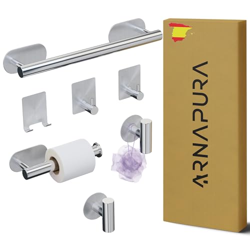 ARNAPURA Toalleros de Baño sin Taladro | Pack 7 PCS Accesorios Baño sin Taladro de Acero Inoxidable 304 | Incluye Adhesivo Ultraresistente Tipo de Baños (Plata)