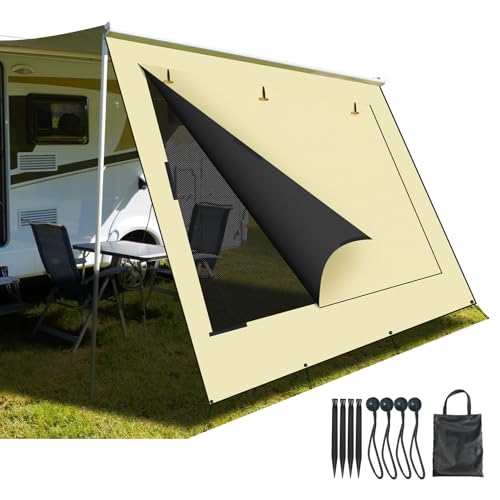 RV Awning Sun Shade Screen with Roll-Up Curtain 15'3''×8', 600D PVC Mesh ＆ Oxford for 95% UV Block ＆ Waterproof, Enhanced Privacy Screen for Campers & Trailers