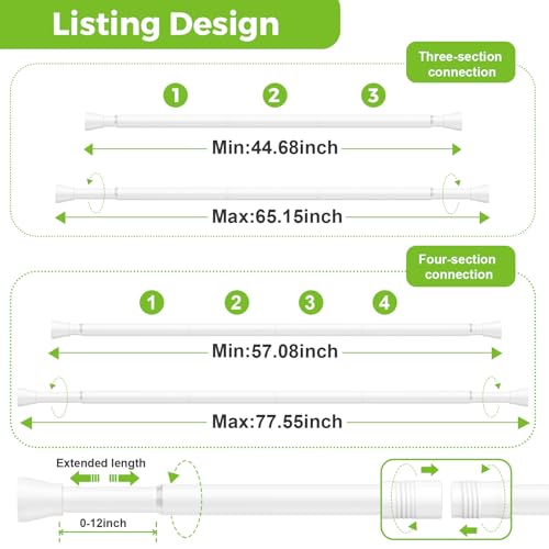 Image of Shower Curtain Rod 45 to 77 Inches White Shower Rod Tension Curtain Rod No Drilling Adjustable Curtain Rod Spring Tension Shower Rods for Bathroom,Windows,Kitchen