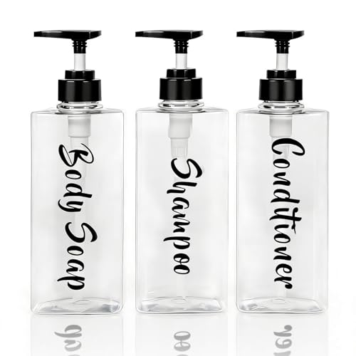 AUMIO 16.9oz Clear Shampoo and Conditioner Dispenser Set of 3, Refillable Empty Shampoo Bottles with Pump for Shower, Printed Plastic Soap Dispenser for Bathroom, Rectangular Body Wash Container Sets