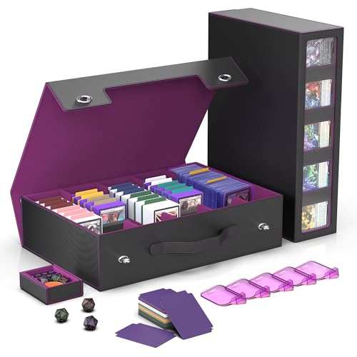 Image of Kabinka Trading Card Storage Box with Handle & Mechanical Latch,5-Row 3900+ Commander MTG Card Case with Sealed Window,Top Loaders Organizer Deck Box for MTG /TCG /PTCG /Sports Cards (Black Purple)
