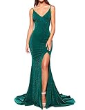 Leeskoot Women's Spaghetti V-Neck Prom Dresses Long Mermaid Evening Gown Glittery Bridesmaid Dress(P