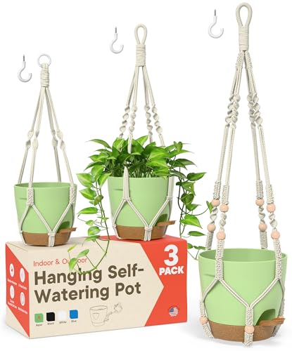 Green Hanging Self Watering Pots with Macrame Ivory Rope, 3