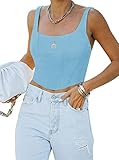 REORIA Women's Summer Sexy Square Neck Sleeveless Trendy Night Club Cropped Tank Top Cute Going Out Bustier Corset Crop Tops Sky Blue Medium