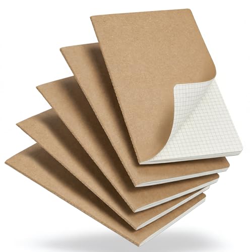 Foliom 5er set Notizbuch A5 Kariert - Kraftpapier Notizheft mit Fadenbindung - 60 Seiten (80g/m) Beiges Papier - Skizzenheft Klein Flachliegend für Schule Büro & Reise