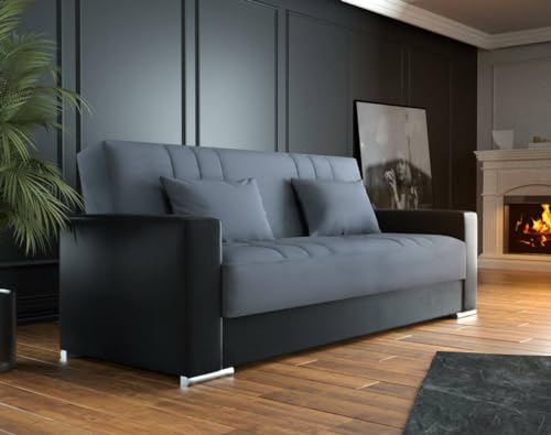 Divano Letto 3 posti Sergio Contenitore ecopelle e Tessuto Sofà con Apertura Click-clack e 2 Cuscini 230x96h101 cm Nero e Grigio