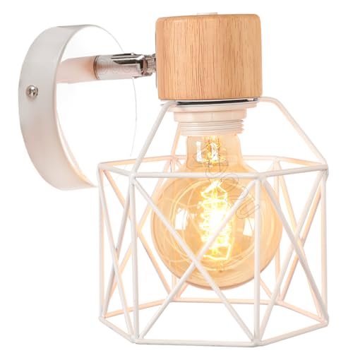 Lampada da Parete E27 Industriale Applique da Parete in Legno el Metallo Illuminazione a Soffitto Vintage Regolabile Gabbia 16CM Lampada a Muro per Camera da Letto Corridoio (Applique - 1 Pezzo)
