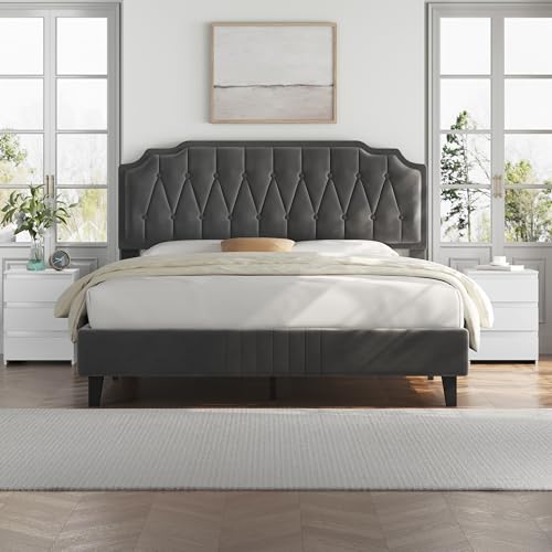Yaheetech Cama Tapizado en Terciopelo Cama de Matrimonio con Cabecero Ajustable en Altura Marco de Cama Soporte con Listones de Madera 140 × 200 cm Gris Oscuro
