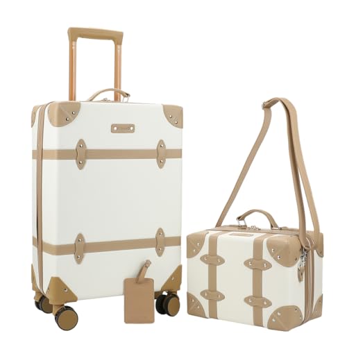 Vintage-Inspired White 2-Pack Hardside Trunk & Train Case With Brown Accents