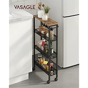VASAGLE Slim Rolling Cart, 4-Tier Storage Cart, Narrow Cart with Handle, 5.1 Inches Deep, Metal Frame, for Kitchen, Dining Room, Living Room, Home Office, Rustic Brown and Classic Black ULRC032B01V1 VASAGLE Slim Rolling Cart 4 Tier Storage Cart Narrow Cart with Handle 51 Inches Deep Metal Frame for Kitchen Dining Room Living Room Home Office Rustic Brown and Classic Black ULRC032B01V1