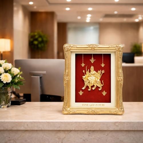 Image of EKA Divine Series - Durga 24kt Gold Foil Table Top | Symbol of Strength, Protection & Positivity | Auspicious Decorative Gift for Navratri, Home, Office & Pooja Room (7.5 cm x 9 cm)