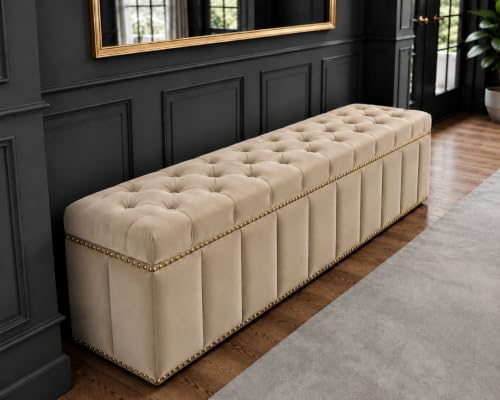 Image of Tufted Velvet Storage Ottoman Bench with Nailhead Trim (Beige) | Storage Ottoman bench