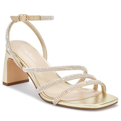 Image of CosyFever Women's Rhinestone Block Heels, Square Toe Strappy Dress Heels with Ankle Strap for Wedding Guest, Prom & Party