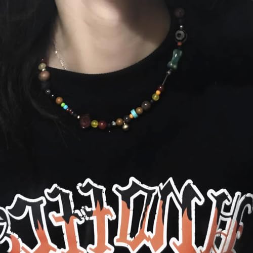90s Beaded Necklace Color Surfer Crystal Stone Gemstone Wooden Bead Britpop Summer Choker Necklace for Men Women3