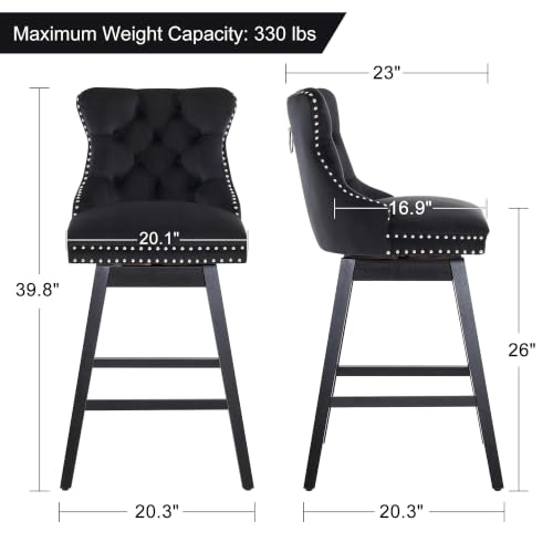 Image of Black Swivel Bar Stools, Velvet Counter Height Bar Stools Set of 4 | 360 Swivel Bar Chairs, Solid Wood Legs, Upholstered Kitchen Island Stools, Modern Extra Wide Seat (Black, 26 inch H, 4 Pack)
