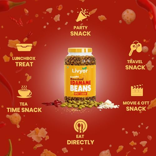 Image of Livyor Crunch Roasted Edamame Beans 1kg | Spicy Cheese Flavour | Roasted not fried | Plant based healthy snack | High Protein Snack | Gluten Free | Vegan | High In fibre | 500g*2