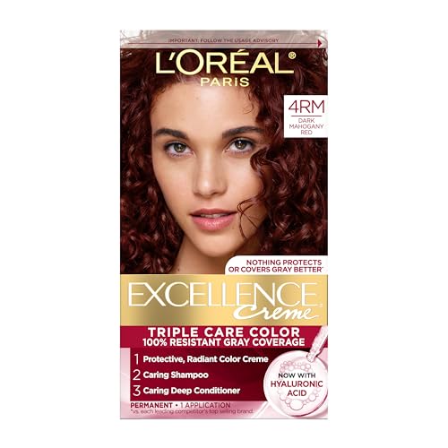 L'Oreal Paris Excellence Crème Permanent Hair Dye, Triple Care Hair Color with Hyaluronic Acid for 100% Gray Coverage, 4RM Dark Mahogany Red, 1 Kit (Packaging May Vary)