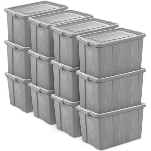 Sterilite Tuff1 30 Gallon Plastic Stackable Temperature and Impact Resilient Basement/Garage/Attic Storage Tote Container Bin with Lid, Gray (12 Pack)