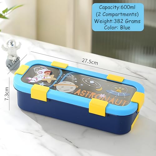 Image of Kids Stainless Steel Lunch Box | Leakproof Bento Tiffin Box with 2Compartments | BPA Free Food Grade Lunch Box for Boys & Girls | Airtight School Tiffin Box with Cutlery Storage |600ml